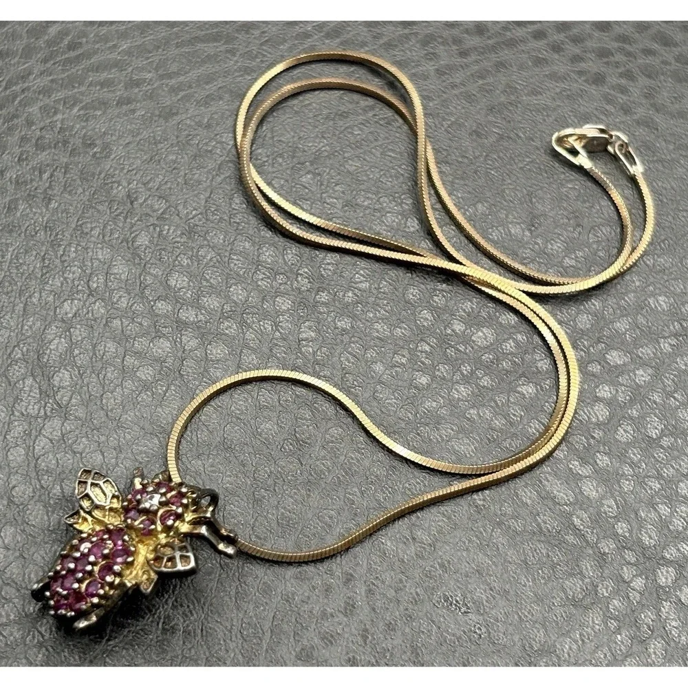 Vintage Insect Bee Ruby Sterling Silver  Pendant Brooch & Chain Necklace  17